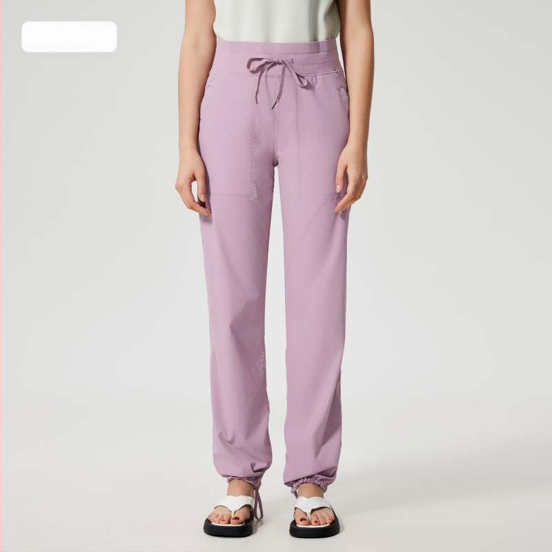 Női gyorsan száradó kültéri futó nadrág, laza szabás, középmagas derekú zsinórral, pamut-nylon keverék anyag, 95% nylon, egész éves viselet