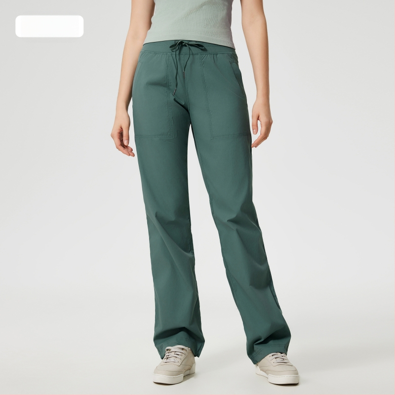 Női gyorsan száradó kültéri futó nadrág, laza szabás, középmagas derekú zsinórral, pamut-nylon keverék anyag, 95% nylon, egész éves viselet