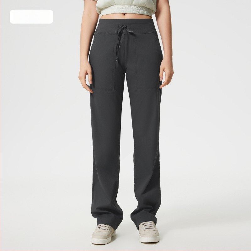 Női gyorsan száradó kültéri futó nadrág, laza szabás, középmagas derekú zsinórral, pamut-nylon keverék anyag, 95% nylon, egész éves viselet