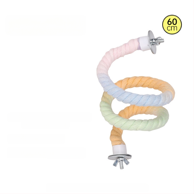 Папагалска играчка с въже за катерене, пръстенна люлка, дъвчаща стълба и стойка за птици; материали: полиестерно‑памучно влакно, PP пластмаса, галванизирани метални фитинги, ядро от нисковъглеродна стомана