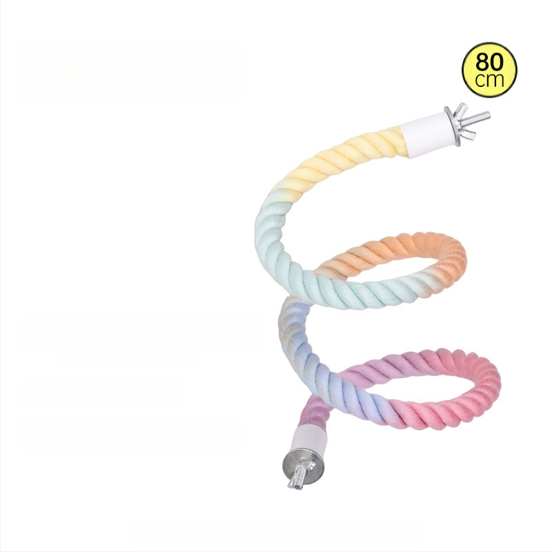 Папагалска играчка с въже за катерене, пръстенна люлка, дъвчаща стълба и стойка за птици; материали: полиестерно‑памучно влакно, PP пластмаса, галванизирани метални фитинги, ядро от нисковъглеродна стомана