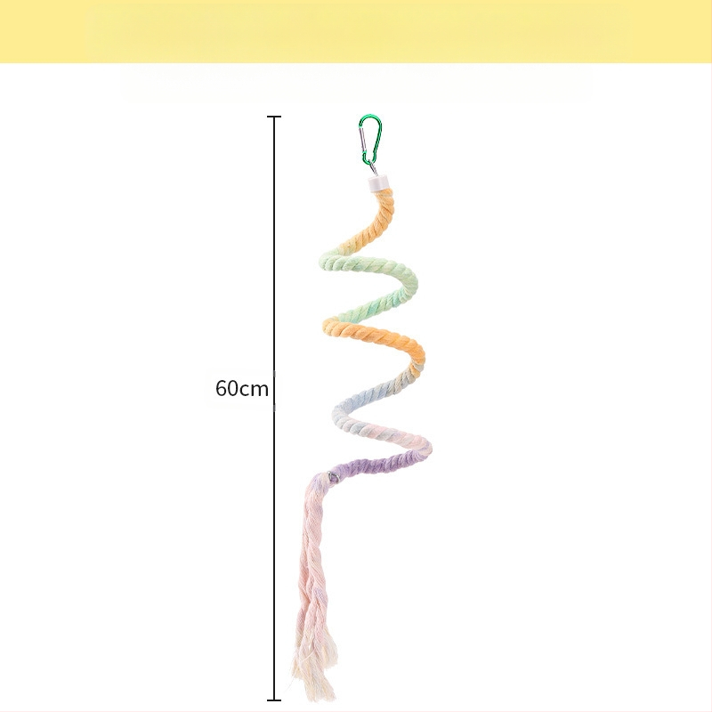Папагалска играчка с въже за катерене, пръстенна люлка, дъвчаща стълба и стойка за птици; материали: полиестерно‑памучно влакно, PP пластмаса, галванизирани метални фитинги, ядро от нисковъглеродна стомана