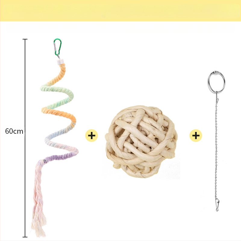 Папагалска играчка с въже за катерене, пръстенна люлка, дъвчаща стълба и стойка за птици; материали: полиестерно‑памучно влакно, PP пластмаса, галванизирани метални фитинги, ядро от нисковъглеродна стомана