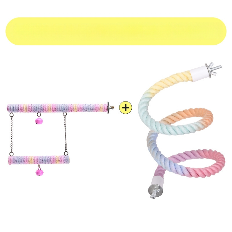 Папагалска играчка с въже за катерене, пръстенна люлка, дъвчаща стълба и стойка за птици; материали: полиестерно‑памучно влакно, PP пластмаса, галванизирани метални фитинги, ядро от нисковъглеродна стомана