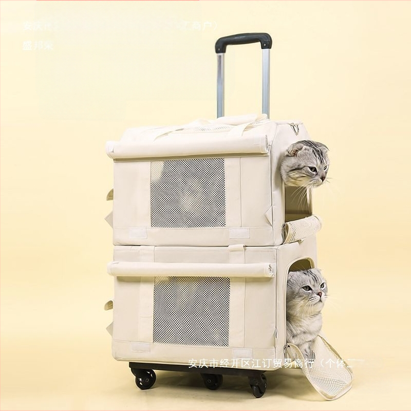 Τσάντα μεταφοράς κατοικίδιων με ρόδες, διόροφο σχέδιο για δύο κατοικίδια, αναπνέουσα, υλικό PP