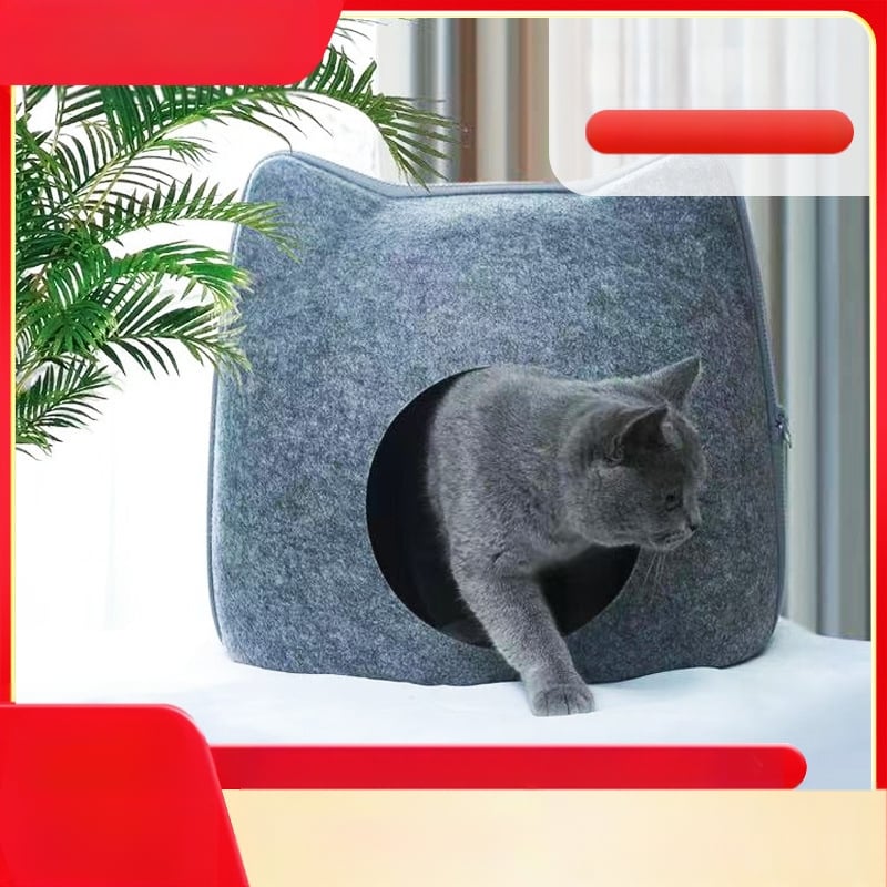 Котешко гнездо - полузатворен дизайн, котешка форма; дишащо; подходящо за всички сезони; материал: фелт от химически влакна.