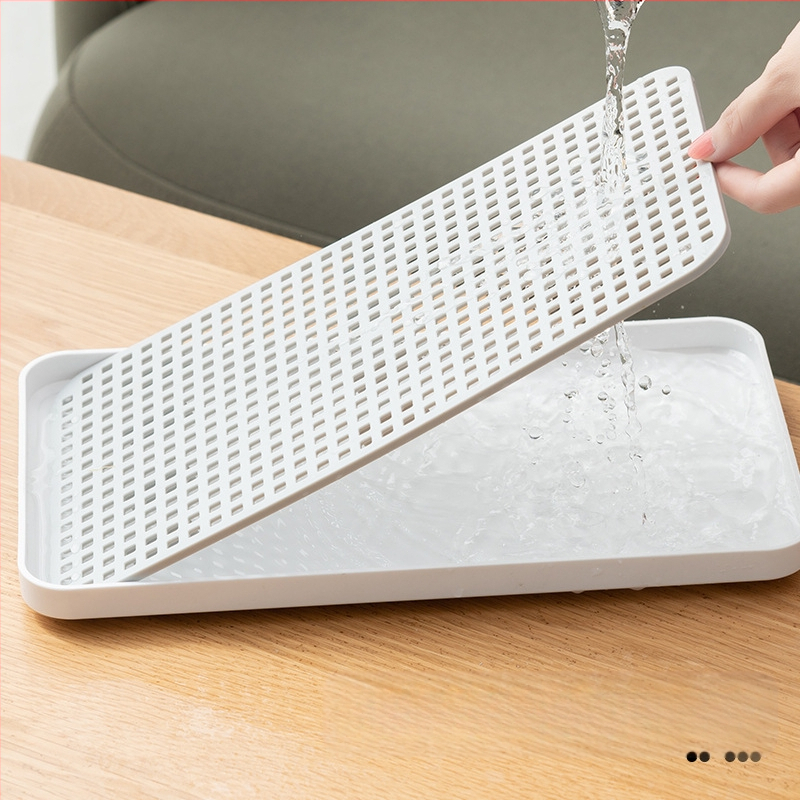 Dviejų sluoksnių arbatos padėklas su drenažu, plastikinis, šiaurietiškas minimalistinis stilius, stačiakampė forma