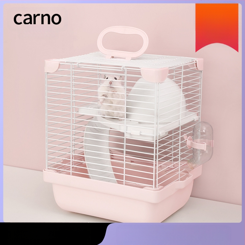 Hamsteru būris ar dubulti slāņotu dizainu un divstāvu platformu, sniega pils stilā, plastmasas un dzelzs stieples konstrukcija, visu gadalaiku izmantošanai