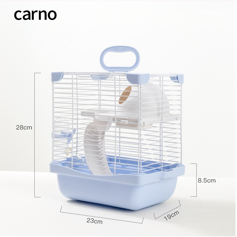 Hamsteru būris ar dubulti slāņotu dizainu un divstāvu platformu, sniega pils stilā, plastmasas un dzelzs stieples konstrukcija, visu gadalaiku izmantošanai