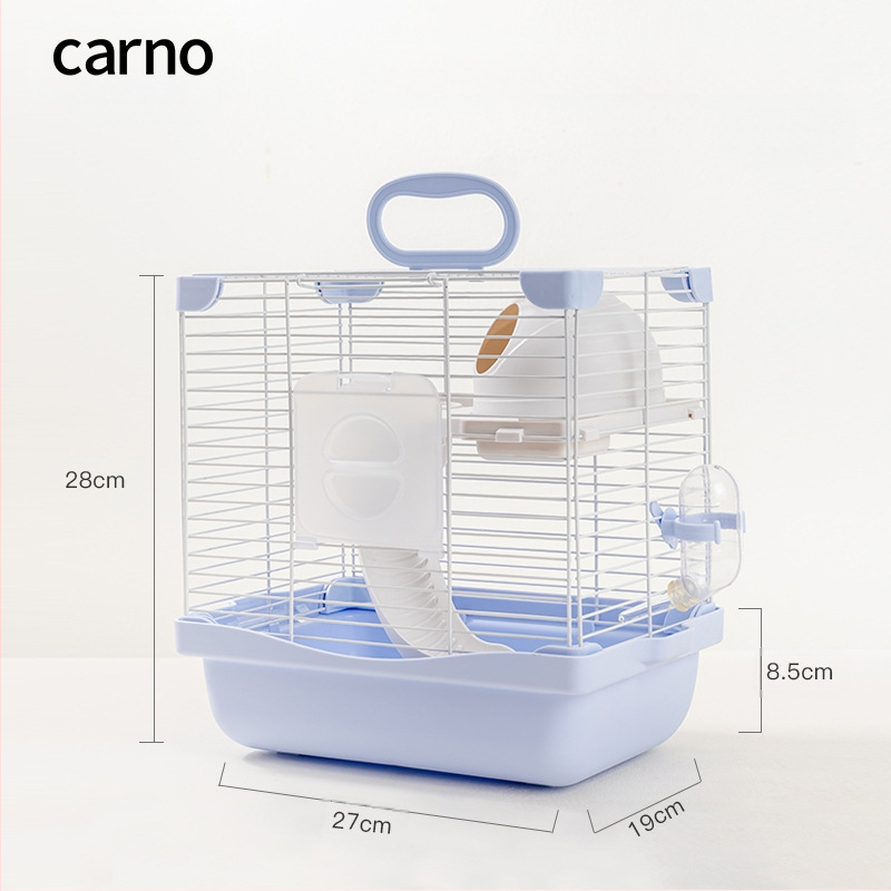 Hamsteru būris ar dubulti slāņotu dizainu un divstāvu platformu, sniega pils stilā, plastmasas un dzelzs stieples konstrukcija, visu gadalaiku izmantošanai