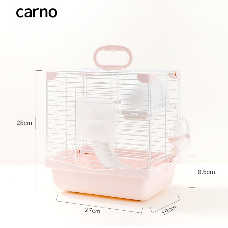 Hamsteru būris ar dubulti slāņotu dizainu un divstāvu platformu, sniega pils stilā, plastmasas un dzelzs stieples konstrukcija, visu gadalaiku izmantošanai