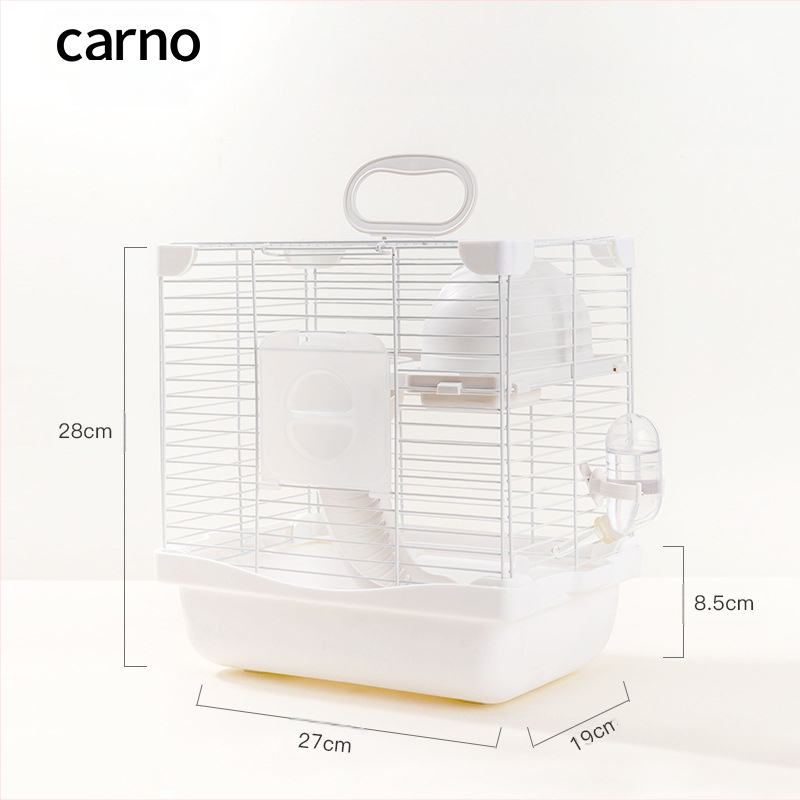 Hamsteru būris ar dubulti slāņotu dizainu un divstāvu platformu, sniega pils stilā, plastmasas un dzelzs stieples konstrukcija, visu gadalaiku izmantošanai