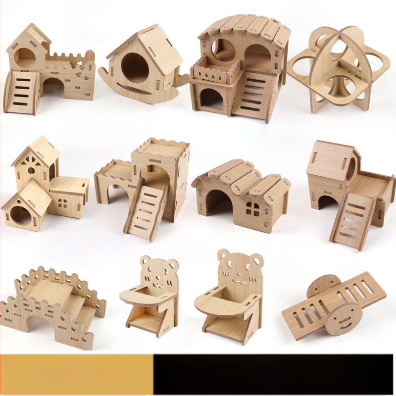 Hamstera koka māja ar guļvietu un divstāvu vilu — ciets koks, Pet taro