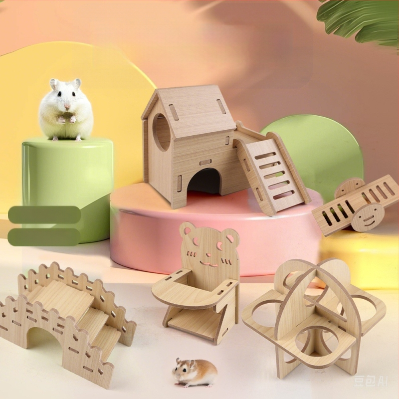 Hamstera koka māja ar guļvietu un divstāvu vilu — ciets koks, Pet taro