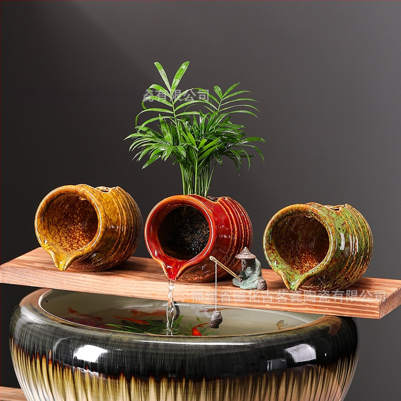 Керамичен циркулиращ воден аквариум за риби — декоративен елемент за двор и интериор, с кислородна филтрация (Материал: керамика; Стил: китайски стил; Повърхностна технология: друга; Обработка и персонализация: Няма; Опаковка: картон)