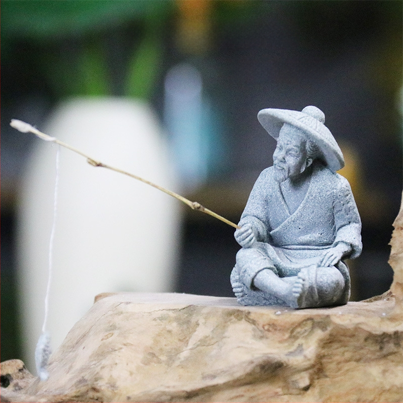 Άγαλμα ψαρά για κήπο – ψαμμίτης, κινέζικο στυλ, διακόσμηση τοπίου με μπονσάι, ημιχειροποίητη και ημιμηχανική κατασκευή, επιφάνεια αμμοβολής