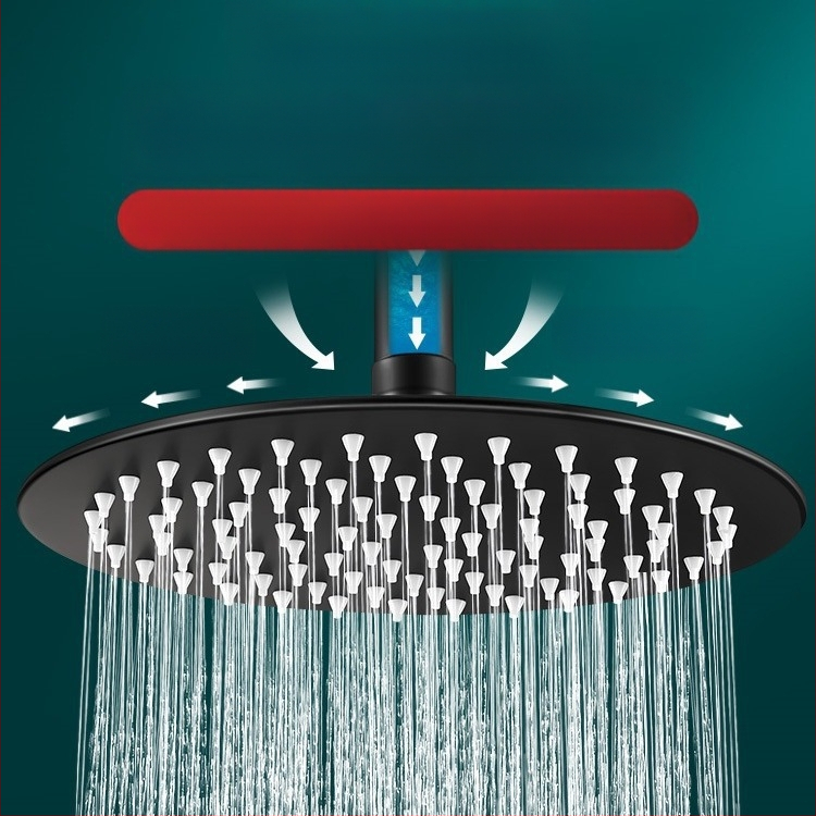 Dušo galva iš nerūdijančio plieno, viršutinė purškimo srovė, lietaus režimas, šiuolaikiškas minimalistinis dizainas.