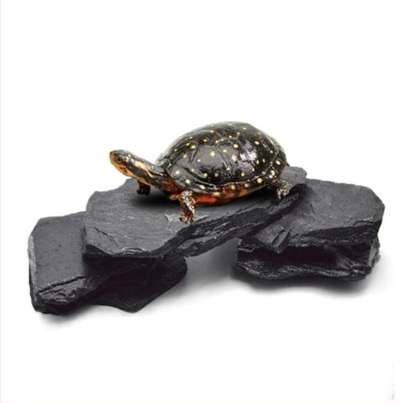 Bruņurupuču terārijs: sauļošanās platforma no akmens plāksnēm, dekoratīvie akmeņi