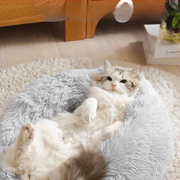 Гнездо за котки за зимата, кръгло от плат, плюшено покритие, сваляемо и миещо се