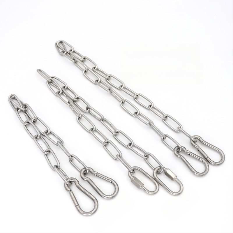 Ανοξείδωτη συγκολλημένη αλυσίδα με καραμπίνερ ελατηρίου και συνδετικό δαχτυλίδι για φόρτωση και κρέμασμα σε κούνια