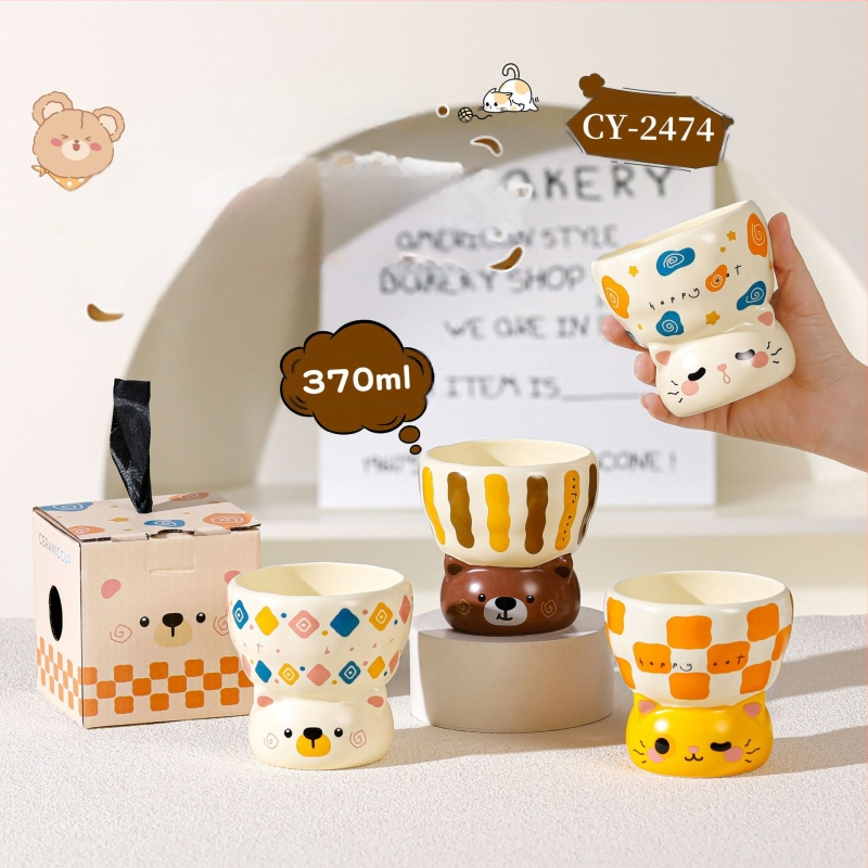 Κεραμικό μπολ γάτας με υψηλή βάση για νερό και φαγητό, στρογγυλό σχήμα, εκτύπωση κινούμενων σχεδίων, κατάλληλο για φούρνο μικροκυμάτων