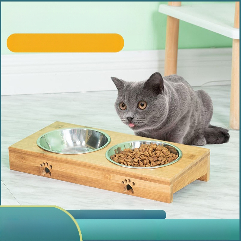 Bambuszkeretes kerámia kettős tál háziállatok számára – könnyen tisztítható, tál élelem és víz macskáknak és kutyáknak