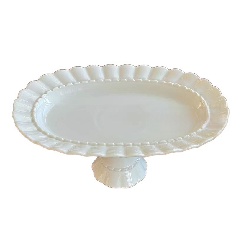 Ovali keramikinė aukšta tortų plokštė, prancūziško stiliaus, reljefinis paviršius