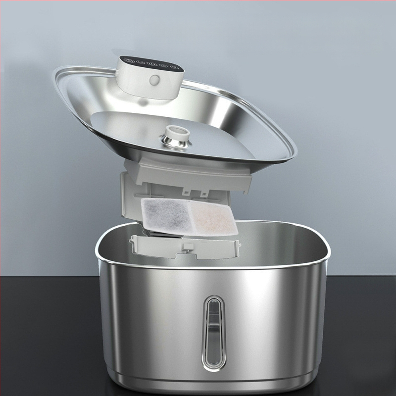 Naminių gyvūnėlių vandens fontanas – nerūdijantis plienas, automatinis cirkuliuojantis vanduo, infraraudonųjų spindulių jutiklis, atskiriamas