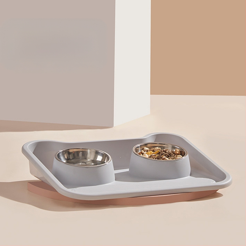 Két részes rozsdamentes acélból készült tál macskáknak és kutyáknak, kiöntés elleni kialakítás, beépített víz- és ételtál, nyakvédő funkció