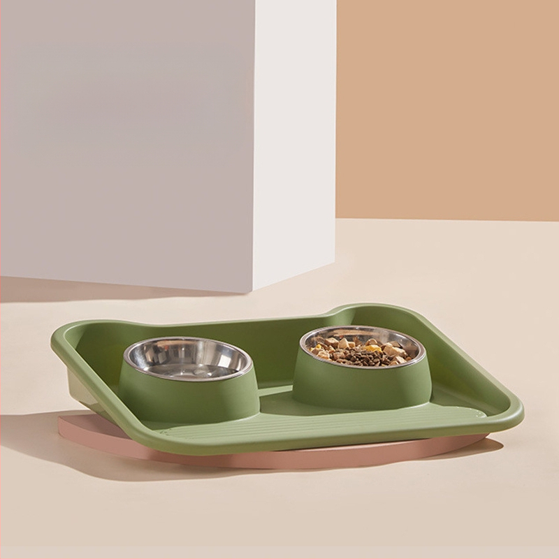 Két részes rozsdamentes acélból készült tál macskáknak és kutyáknak, kiöntés elleni kialakítás, beépített víz- és ételtál, nyakvédő funkció