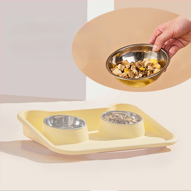 Két részes rozsdamentes acélból készült tál macskáknak és kutyáknak, kiöntés elleni kialakítás, beépített víz- és ételtál, nyakvédő funkció