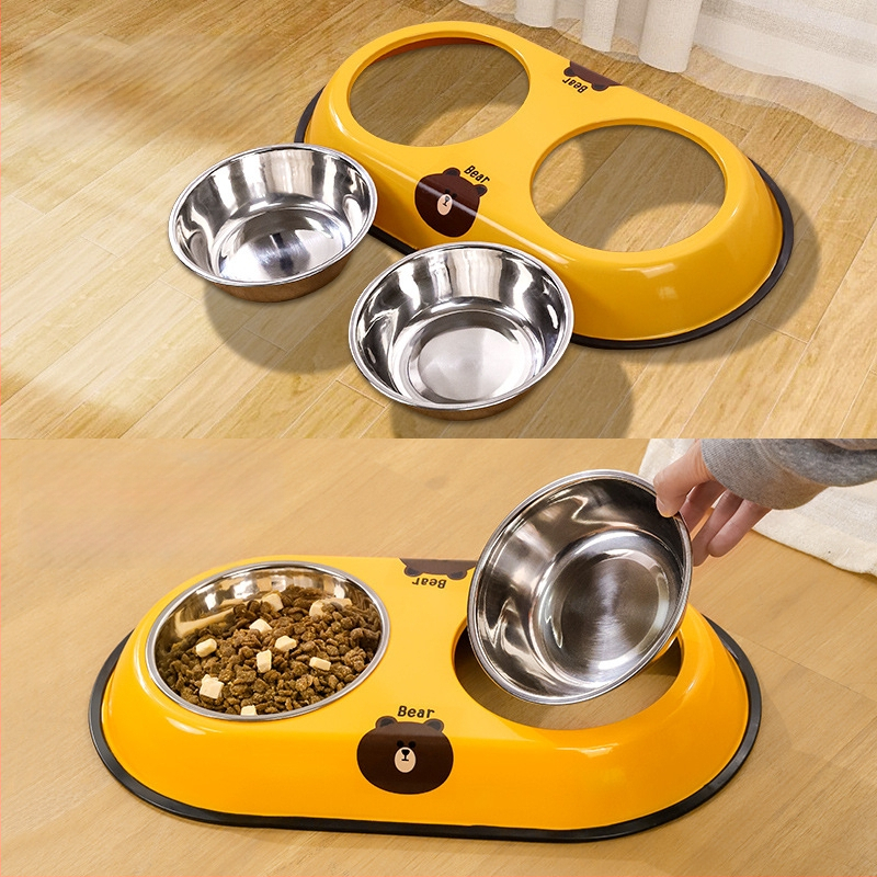 Nerūsējošā tērauda divpusēja bļoda mājdzīvniekiem ar integrētu dizainu, pret apgāšanos, automātiska ēdināšana, Seven Oh