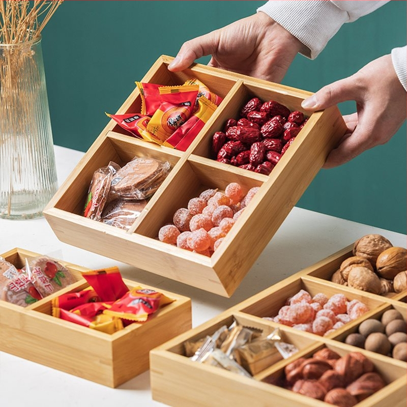 Bambukinis kvadratinis padėklas su devyniais skyreliais, medinė serviravimo plokštė džiovintiems vaisiams ir užkandžiams, kinų stilius
