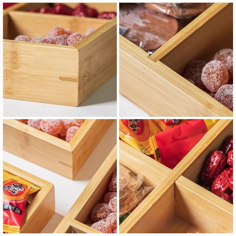 Bambukinis kvadratinis padėklas su devyniais skyreliais, medinė serviravimo plokštė džiovintiems vaisiams ir užkandžiams, kinų stilius