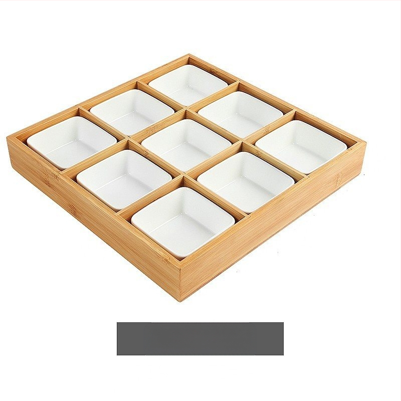 Bambukinis kvadratinis padėklas su devyniais skyreliais, medinė serviravimo plokštė džiovintiems vaisiams ir užkandžiams, kinų stilius