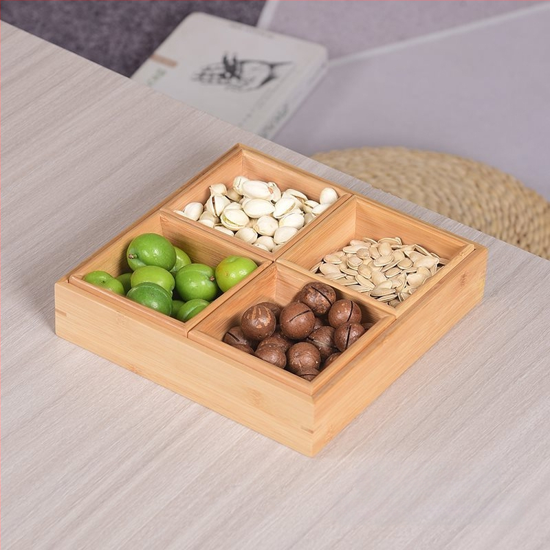 Bambukinis kvadratinis padėklas su devyniais skyreliais, medinė serviravimo plokštė džiovintiems vaisiams ir užkandžiams, kinų stilius
