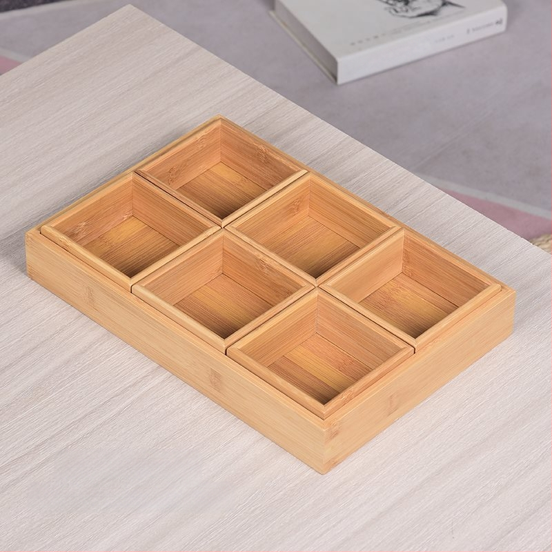 Bambukinis kvadratinis padėklas su devyniais skyreliais, medinė serviravimo plokštė džiovintiems vaisiams ir užkandžiams, kinų stilius