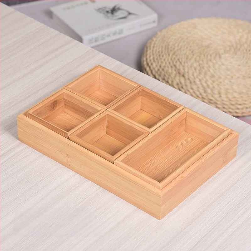 Bambukinis kvadratinis padėklas su devyniais skyreliais, medinė serviravimo plokštė džiovintiems vaisiams ir užkandžiams, kinų stilius