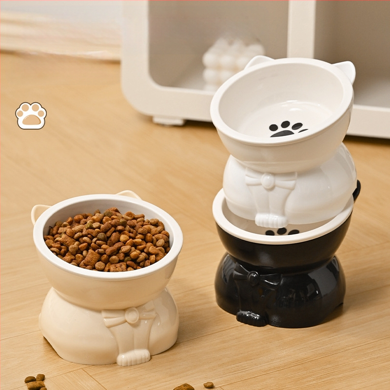 Katės dubuo maistui ir vandeniui – keramika ir plastikas, įstrižas burnos dizainas, aukšta koja, tinkama katėms