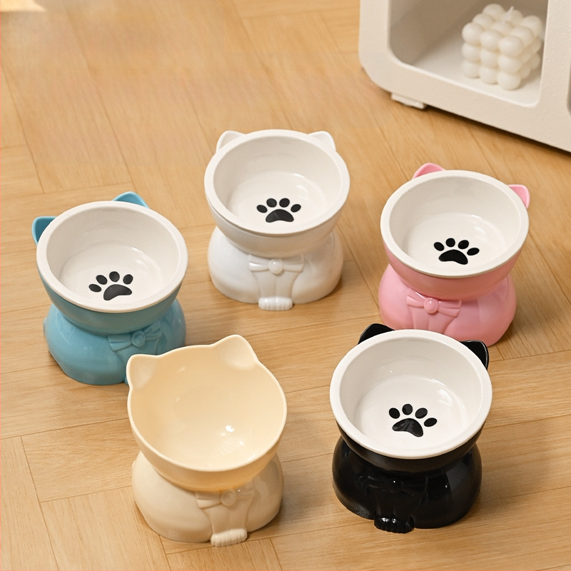 Katės dubuo maistui ir vandeniui – keramika ir plastikas, įstrižas burnos dizainas, aukšta koja, tinkama katėms