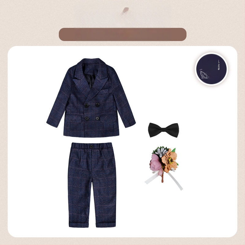 Dječje dvodijelno odijelo u jesenskom britanskom stilu s kariranim uzorkom, za uzrast 1–3 godine, V-izrez, dugi rukavi, kopčanje u dva reda