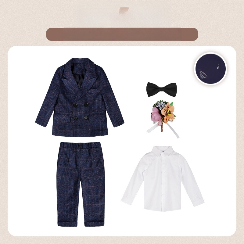 Dječje dvodijelno odijelo u jesenskom britanskom stilu s kariranim uzorkom, za uzrast 1–3 godine, V-izrez, dugi rukavi, kopčanje u dva reda