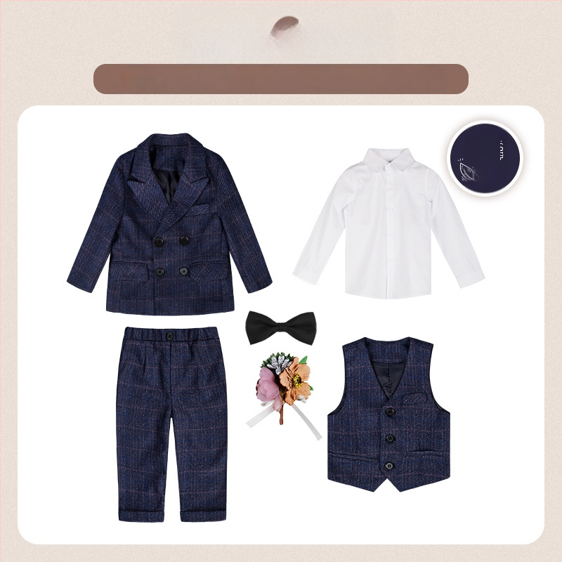 Dječje dvodijelno odijelo u jesenskom britanskom stilu s kariranim uzorkom, za uzrast 1–3 godine, V-izrez, dugi rukavi, kopčanje u dva reda