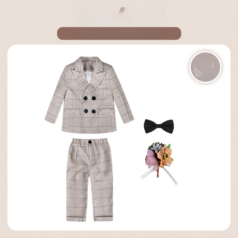 Dječje dvodijelno odijelo u jesenskom britanskom stilu s kariranim uzorkom, za uzrast 1–3 godine, V-izrez, dugi rukavi, kopčanje u dva reda