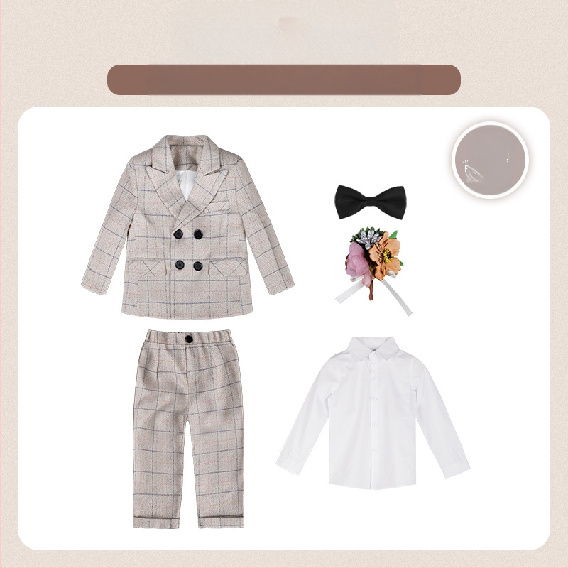 Dječje dvodijelno odijelo u jesenskom britanskom stilu s kariranim uzorkom, za uzrast 1–3 godine, V-izrez, dugi rukavi, kopčanje u dva reda