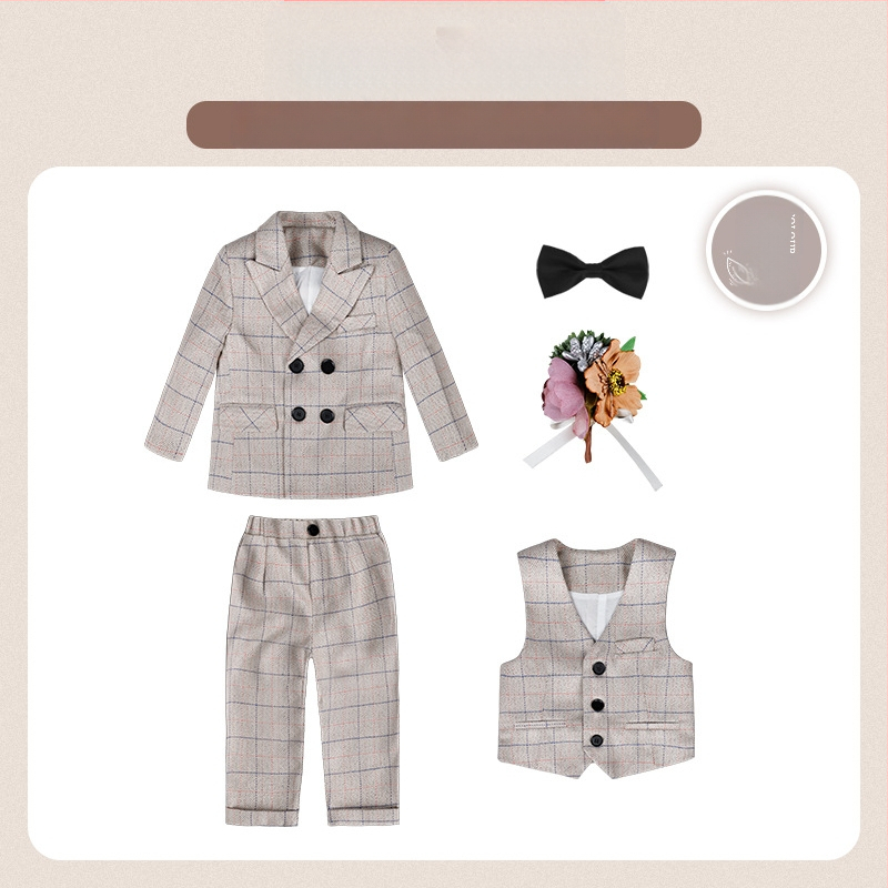 Dječje dvodijelno odijelo u jesenskom britanskom stilu s kariranim uzorkom, za uzrast 1–3 godine, V-izrez, dugi rukavi, kopčanje u dva reda