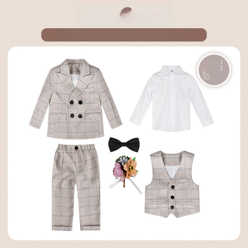 Dječje dvodijelno odijelo u jesenskom britanskom stilu s kariranim uzorkom, za uzrast 1–3 godine, V-izrez, dugi rukavi, kopčanje u dva reda