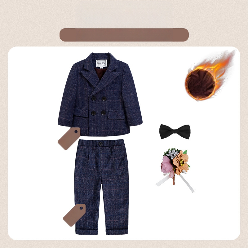 Dječje dvodijelno odijelo u jesenskom britanskom stilu s kariranim uzorkom, za uzrast 1–3 godine, V-izrez, dugi rukavi, kopčanje u dva reda