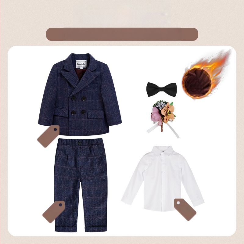 Dječje dvodijelno odijelo u jesenskom britanskom stilu s kariranim uzorkom, za uzrast 1–3 godine, V-izrez, dugi rukavi, kopčanje u dva reda