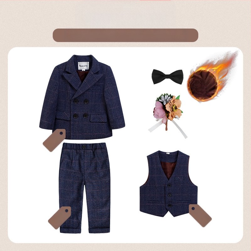 Dječje dvodijelno odijelo u jesenskom britanskom stilu s kariranim uzorkom, za uzrast 1–3 godine, V-izrez, dugi rukavi, kopčanje u dva reda